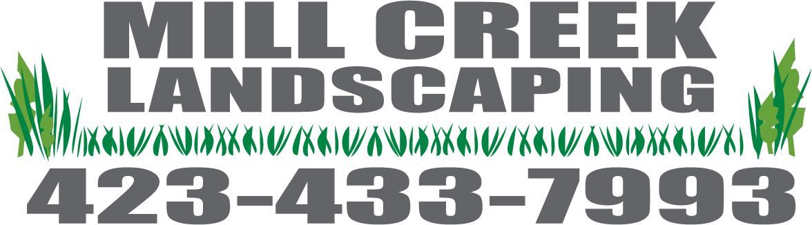 Logo for Mill Creek Landscaping with text and grass illustration; phone number 423-433-7993.