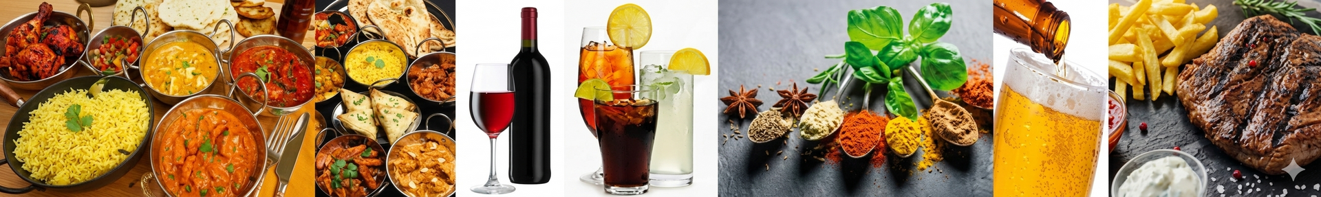 A collage of various foods, including Indian dishes, cocktails, wine, spices, beer with fries, and grilled meat.