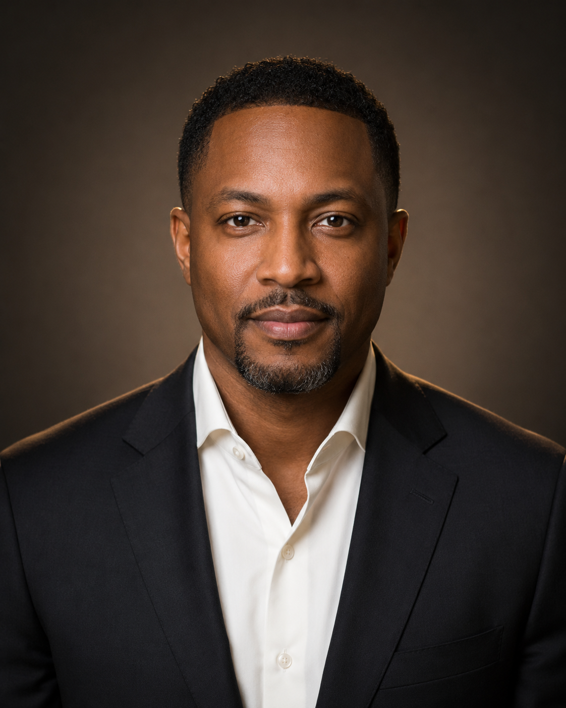 Studio portrait of a man in a dark suit and white shirt against a dark background