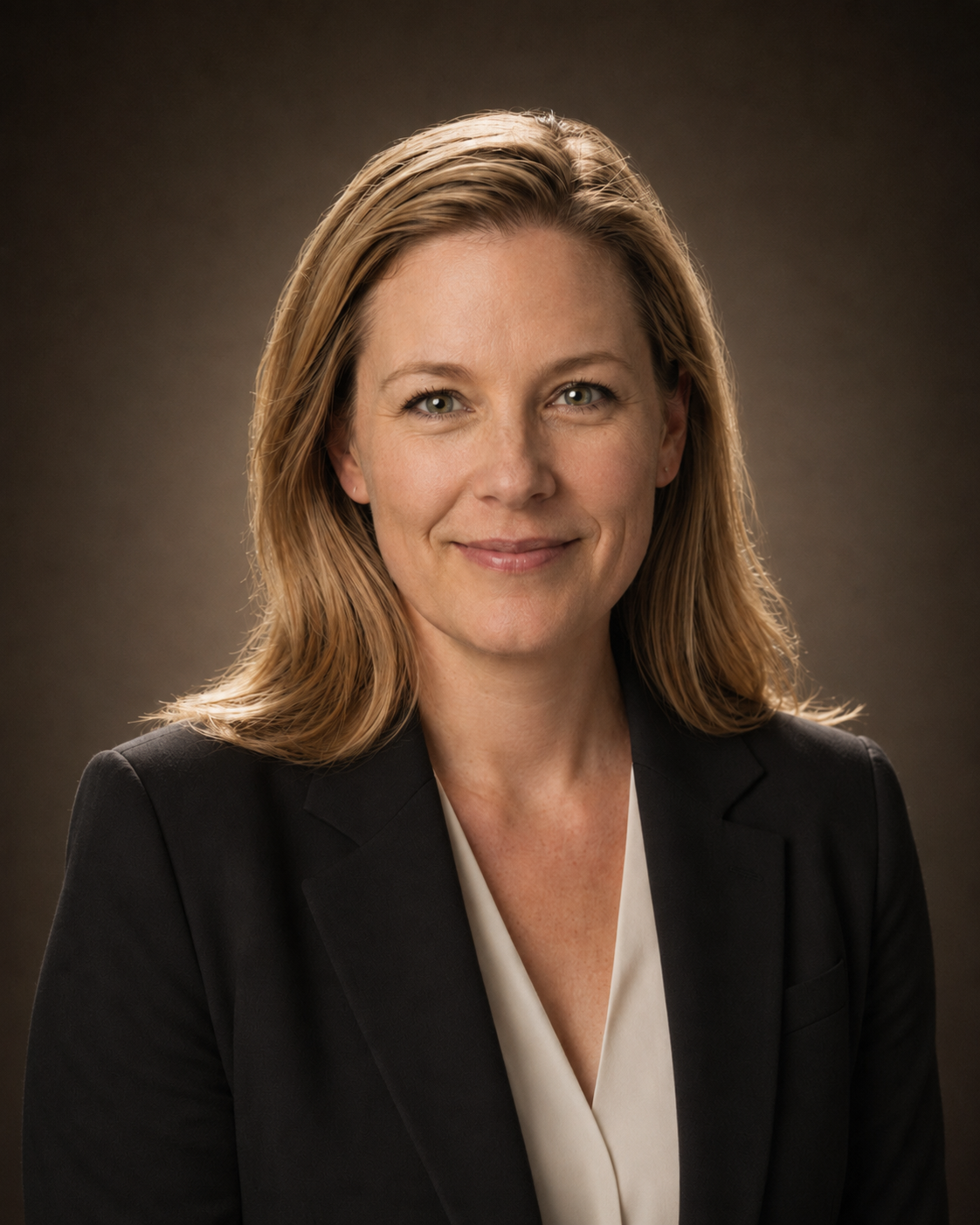 Professional headshot of a person in a black blazer against a dark brown background, smiling gently