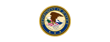 Department of Justice seal centered on a white background, with gold, blue, and red details.