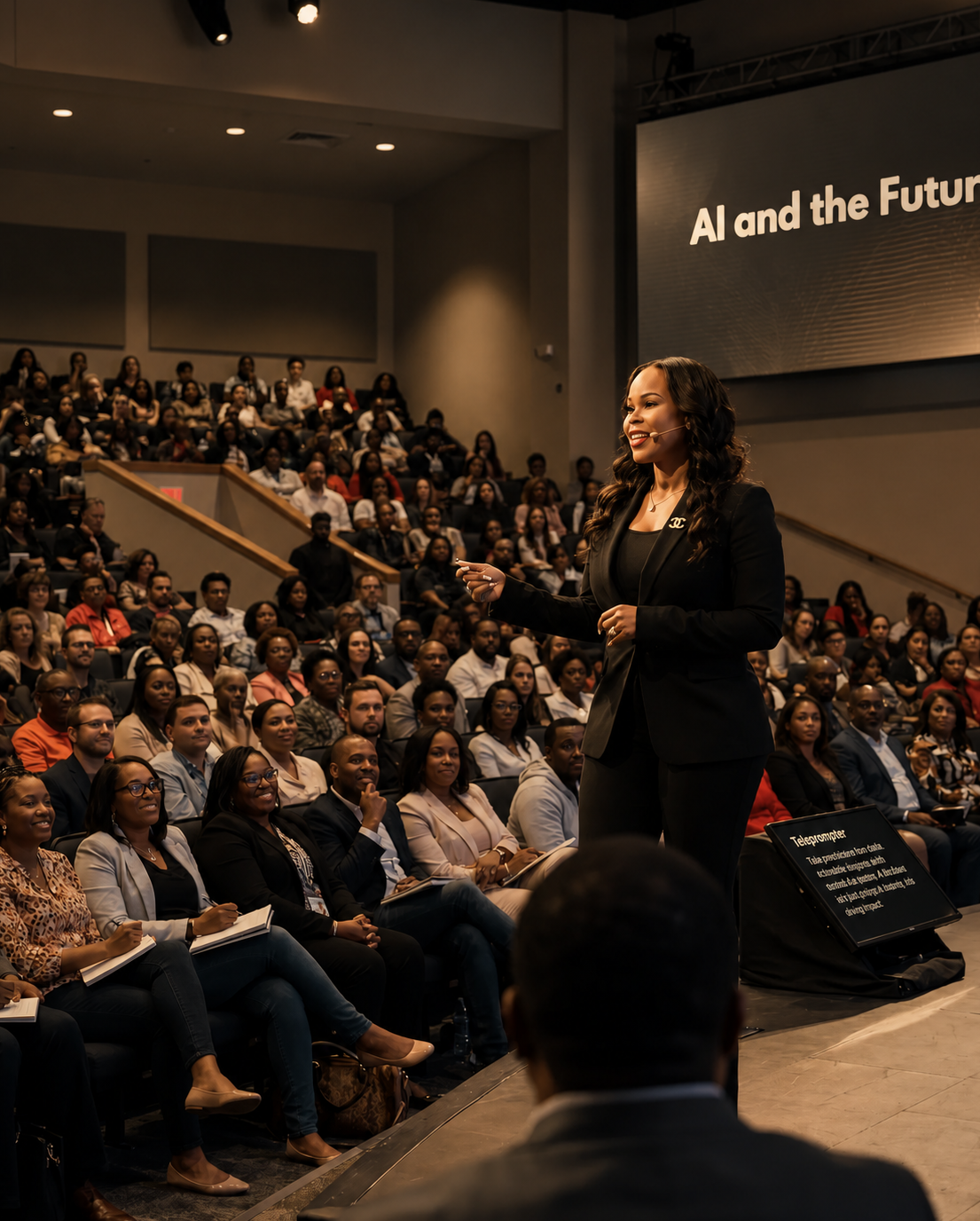 Speaker on stage addressing a crowded auditorium; screen reads “AI and the Futur…”