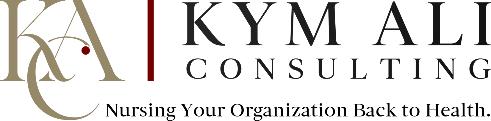 KYM Ali Consulting logo with large gold and black “K” monogram and tagline “Nursing Your Organisation Back to Health.”