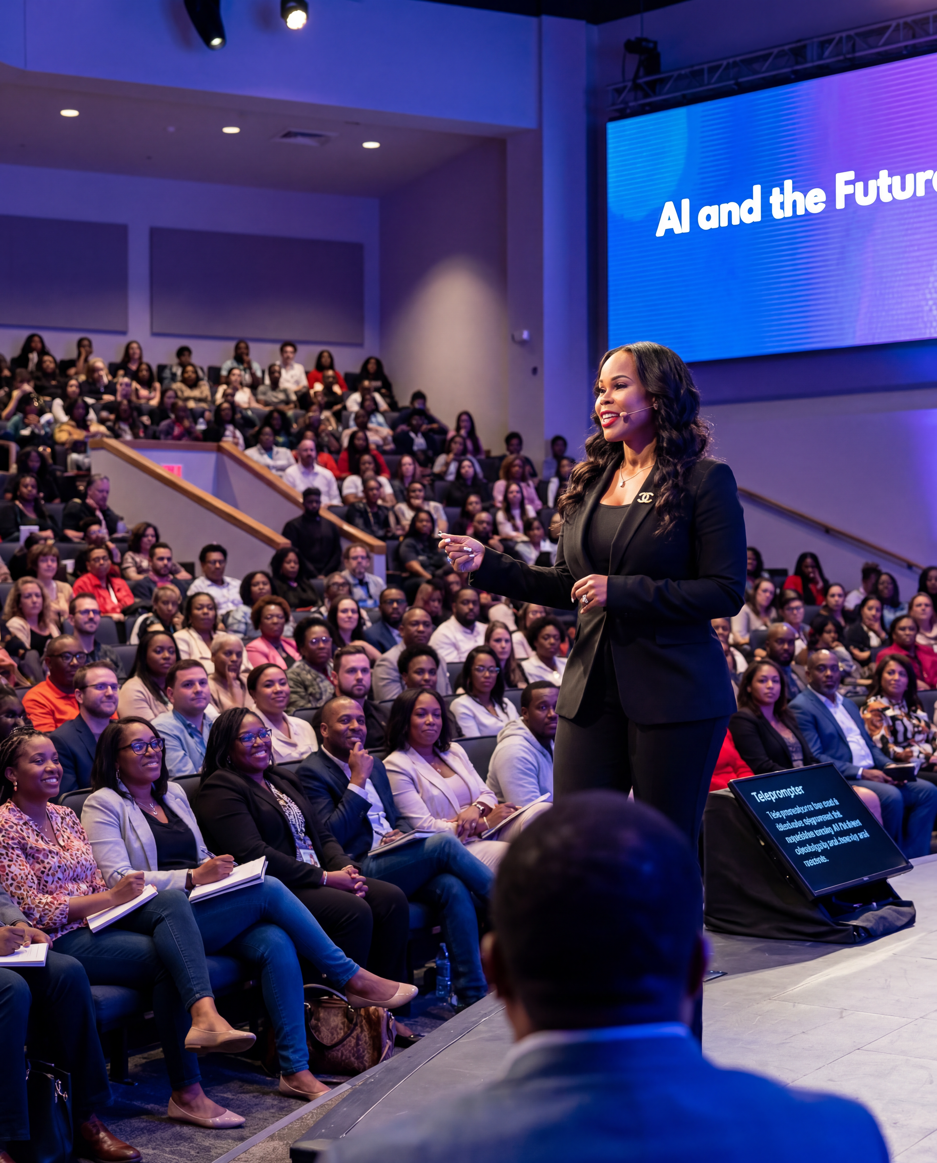 Speaker addressing a seated audience in a lecture hall during a talk on AI and the future