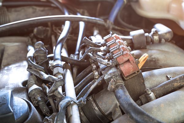 Close-up of an engine with hoses and wires; various metal components and connections visible. | Accomplished Auto