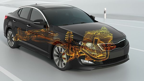 Black car with cutaway view showing internal engine and drive train mechanics.