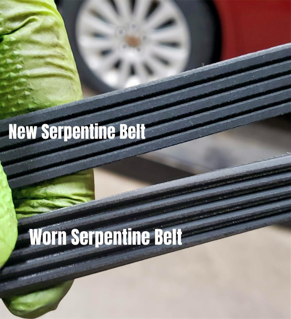 Comparison of a new and worn serpentine belt showing the ridges and wear.