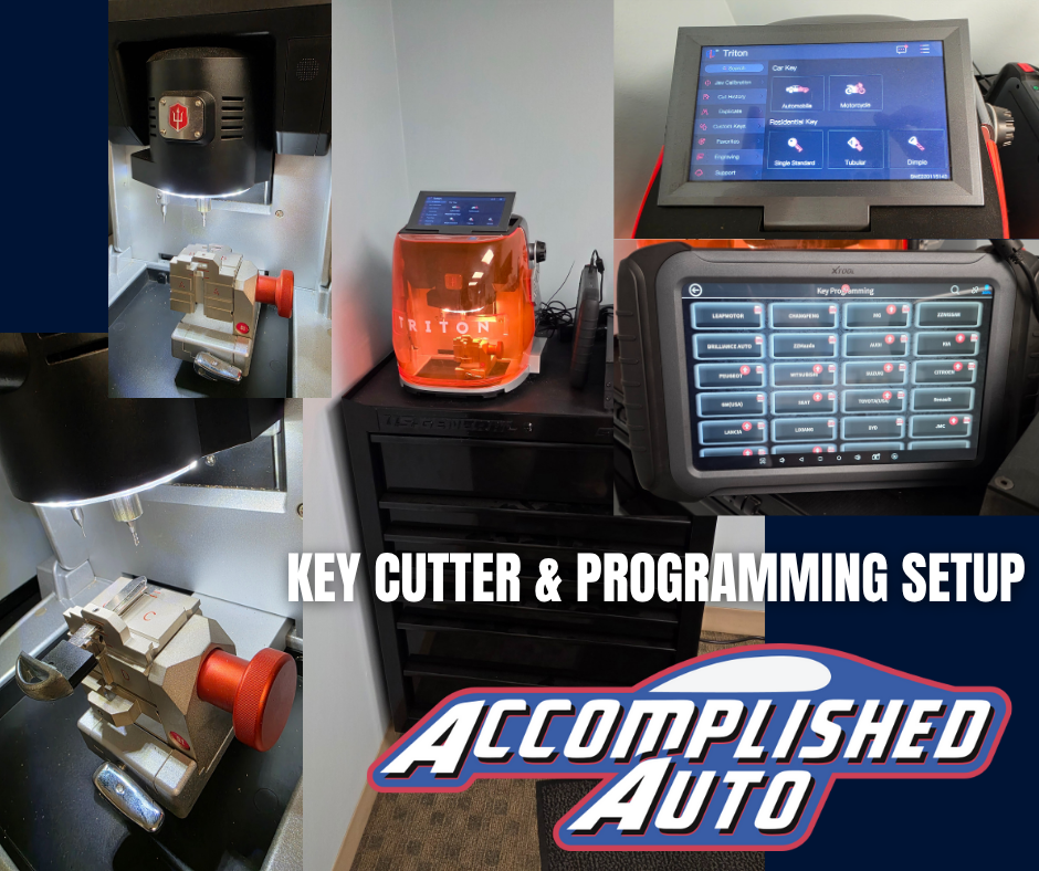 Key cutter and programming setup with tools and two digital screens. Accomplished Auto logo.