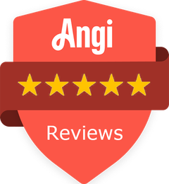 Angi Reviews badge with five gold stars on a red shield