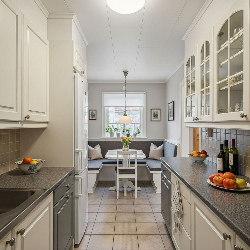 Bright galley kitchen with white cabinets, gray countertops, tiled floor, and a cozy breakfast nook at the end.
