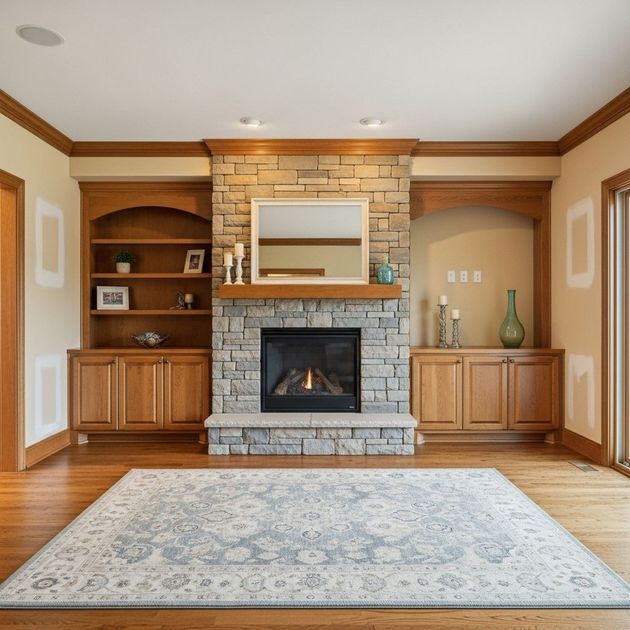 Bright living room with brick fireplace, built-in wooden cabinets, and a light patterned area rug