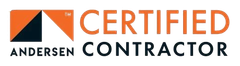 Andersen Certified Contractor logo with orange and black text and an orange/black geometric icon