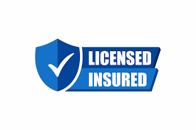 Blue shield badge with a white checkmark and the words “LICENSED INSURED” in white and blue.