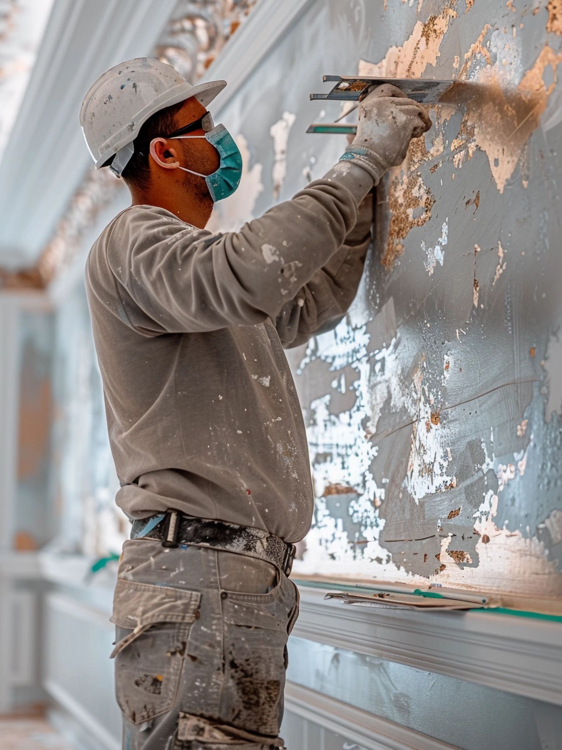 A man wearing a mask and hard hat is plastering a wall.