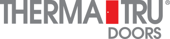 Therma-Tru Doors logo in gray with a red door icon