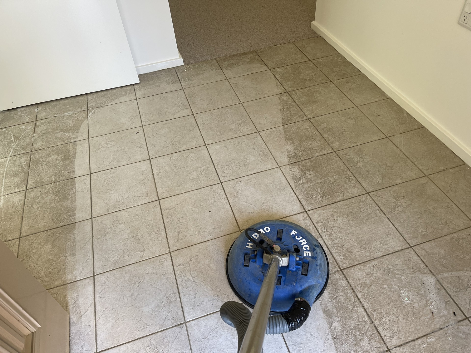 Tile grout being cleaned with a visible line between the cleaned and uncleaned area