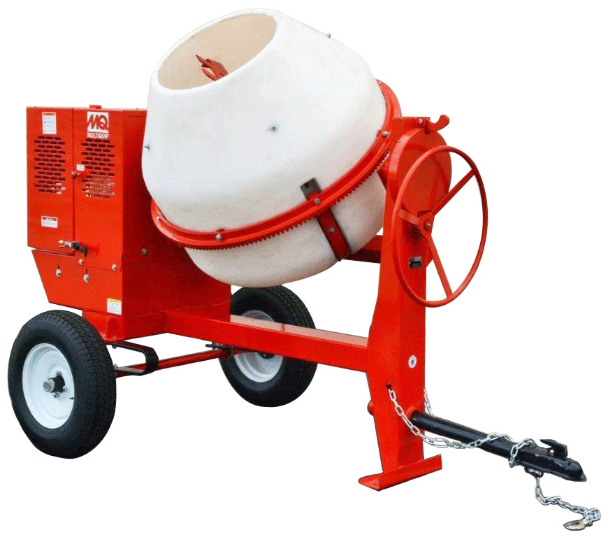 A red and white concrete mixer on a white background
