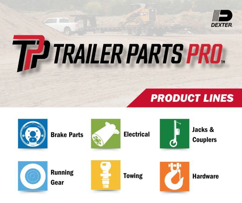 Logo for Trailer Parts Pro, showing product lines: brake parts, electrical, jacks, running gear, towing, and hardware.