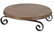 A round wooden table with a metal base on a white background.