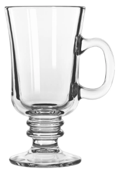 A clear glass mug with a handle on a white background.