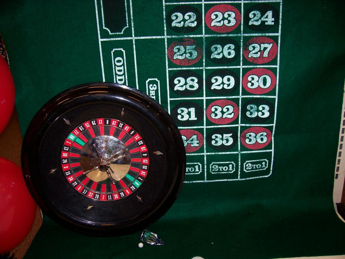 A roulette wheel sits in front of a green table with numbers 22 23 24 25 26 27 28 29 30 31 32 33 34 35 36
