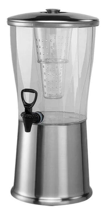 A stainless steel beverage dispenser with a glass inside of it.