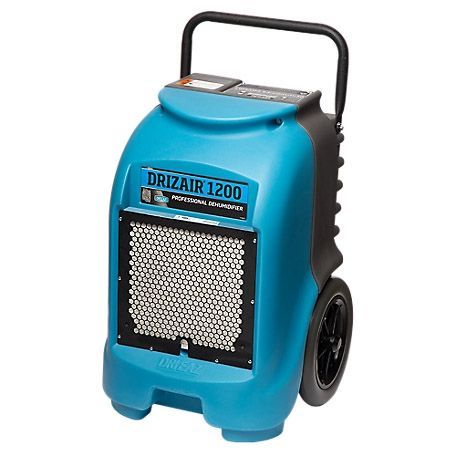 A blue dryer with wheels and a handle on a white background.