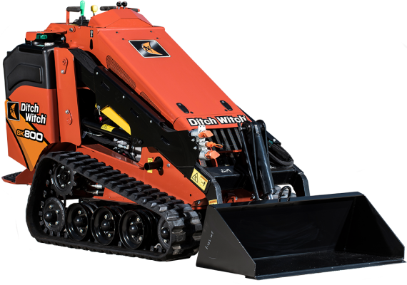 A ditch witch skid steer with a bucket attached to it