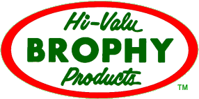 Logo for Brophy Products: green text on white oval, red outline.
