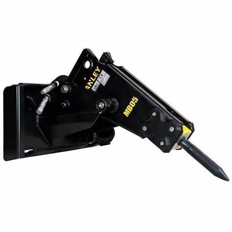 A hydraulic hammer attached to a bulldozer on a white background.