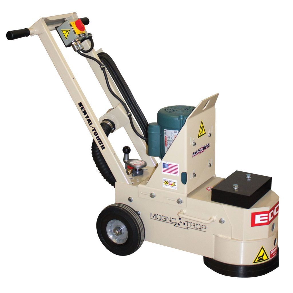 A concrete grinder with a handle and wheels on a white background.