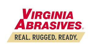 Virginia Abrasives logo: Red text on a white background, gold banner below reads