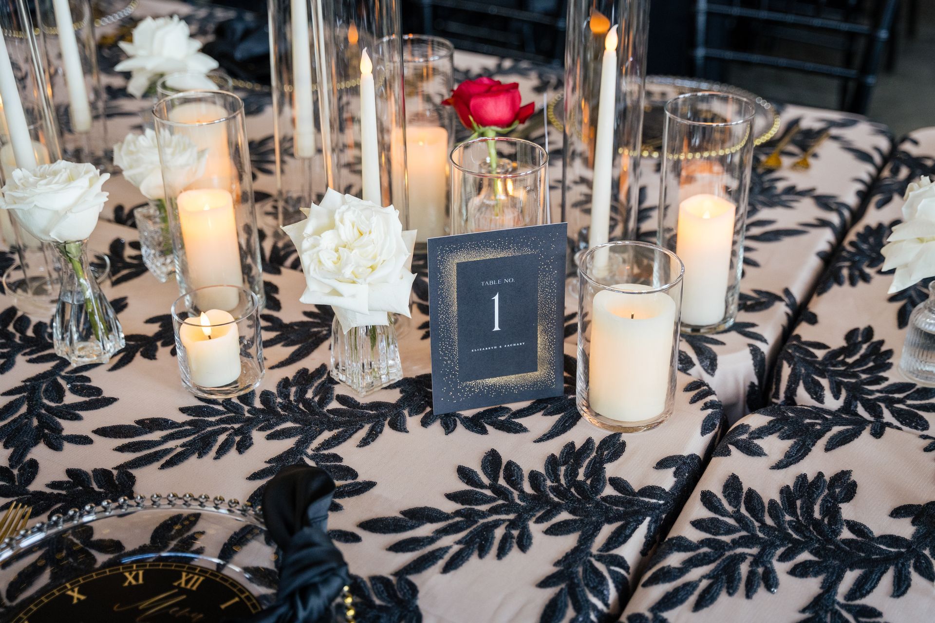 A table with candles and flowers on it and a table number.