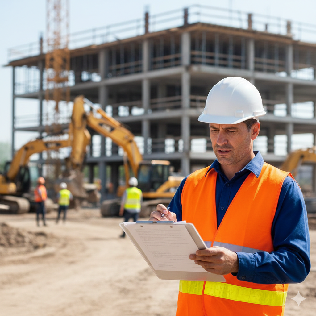 Construction worker in safety vest and hard hat reviewing documents at a construction site.