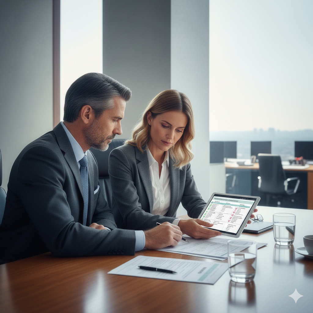 Two business people review data on a tablet and papers at a conference table in an office.
