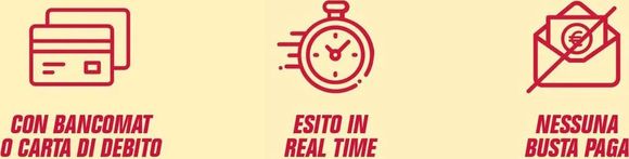 Icone rosse per il pagamento in contanti, orologio e busta barrata con testo in italiano sui pagamenti e nessun servizio di messaggistica