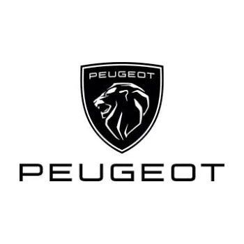 Logo Peugeot con scudo nero ed emblema del leone sopra la scritta