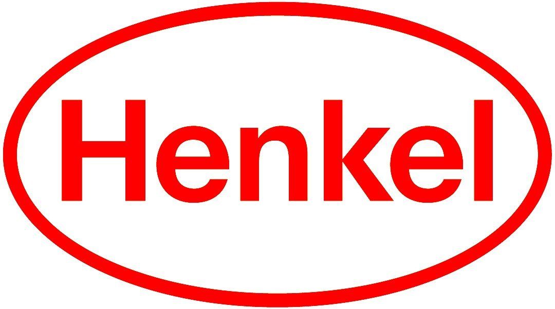 Le logo Henkel est dans un ovale rouge sur fond blanc.