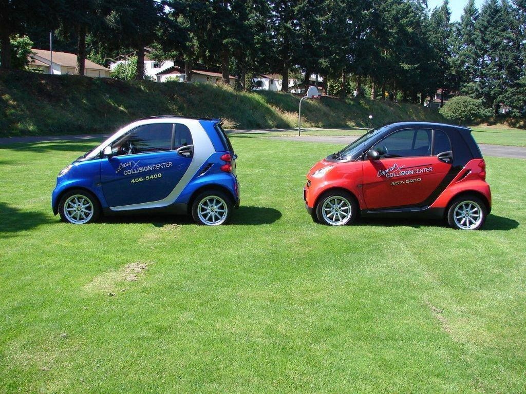 Two smart cars are parked next to each other in a grassy field