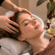 Woman receiving a relaxing facial massage on a spa bed, with eyes closed and a calm expression