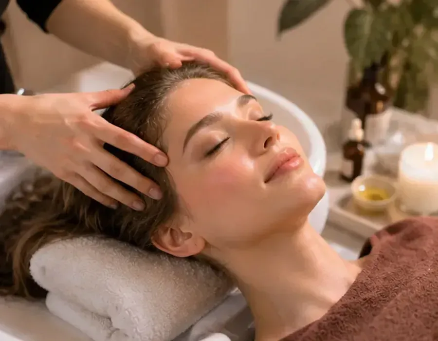 Woman receiving a relaxing facial massage in a spa treatment room, eyes closed, with candles and towels nearby