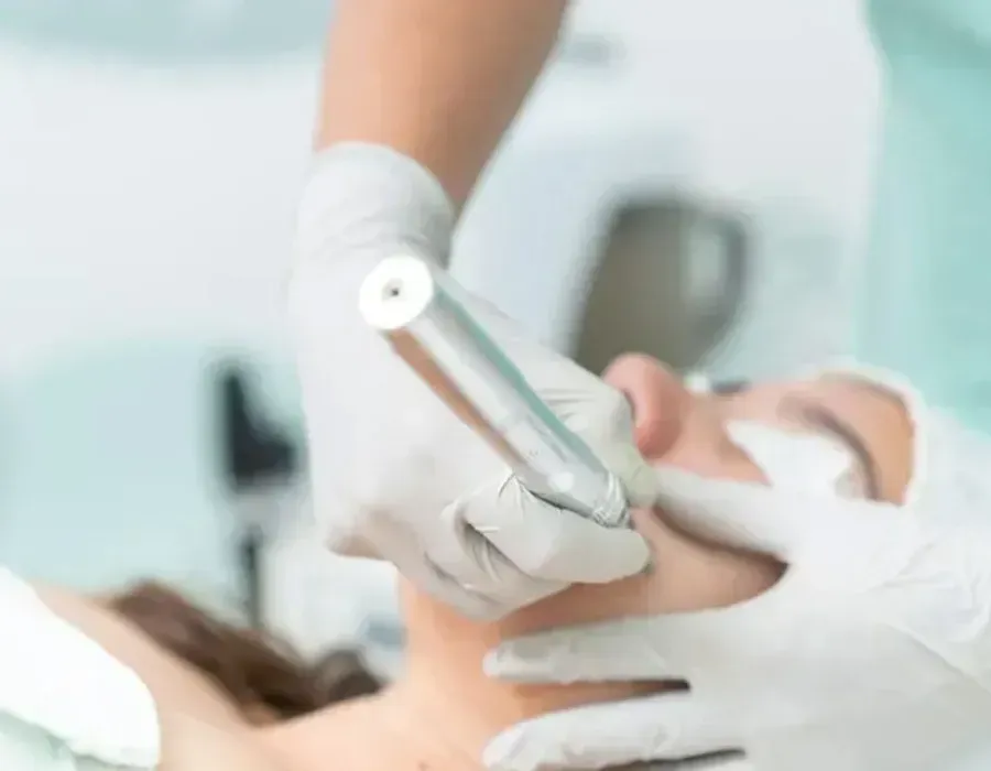 Dentist using a tool to treat a patient’s teeth in a bright clinic