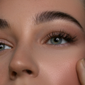 Close-up of a face with green eyes, long lashes, and soft pink makeup; a hand touches the cheek.