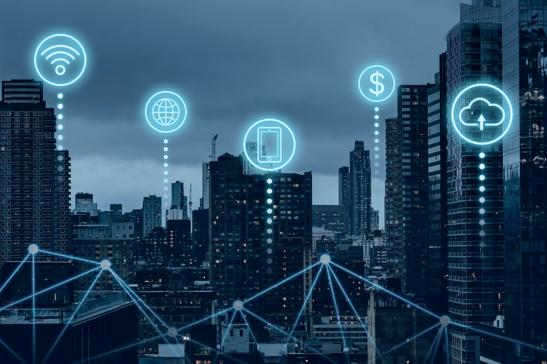 City skyline with connected glowing icons representing technology, communication, and finance.