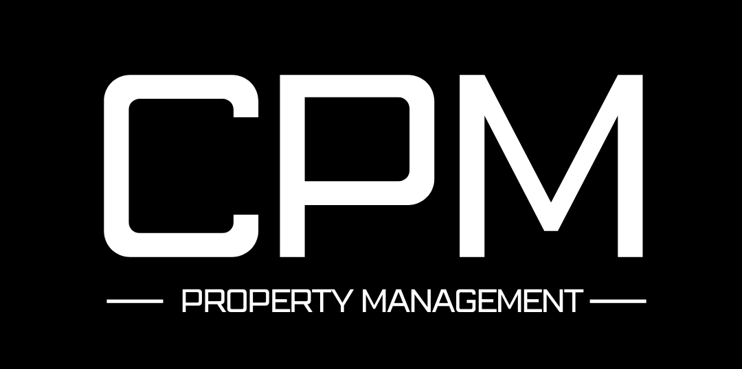CPM property management logo in white text on a black background