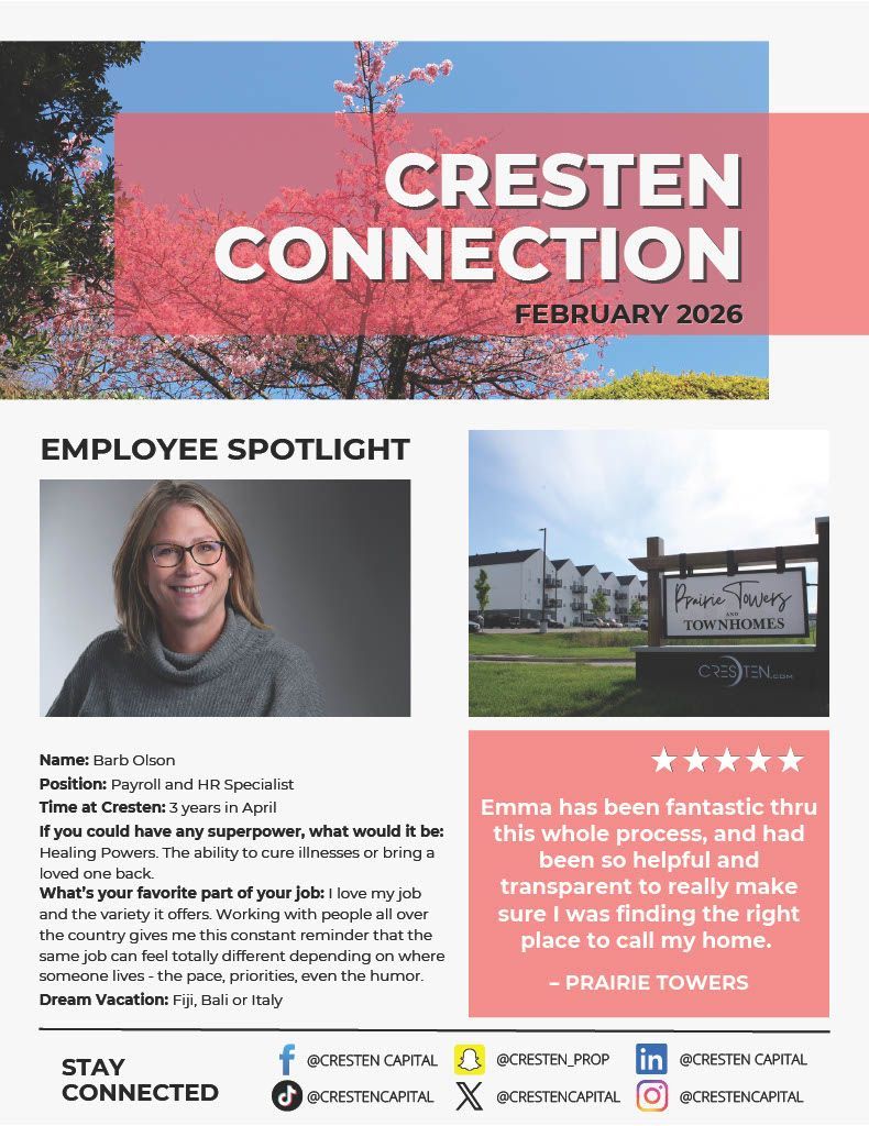 Cresten Connection February 2026 newsletter cover with employee spotlight, building photo, and community update panels