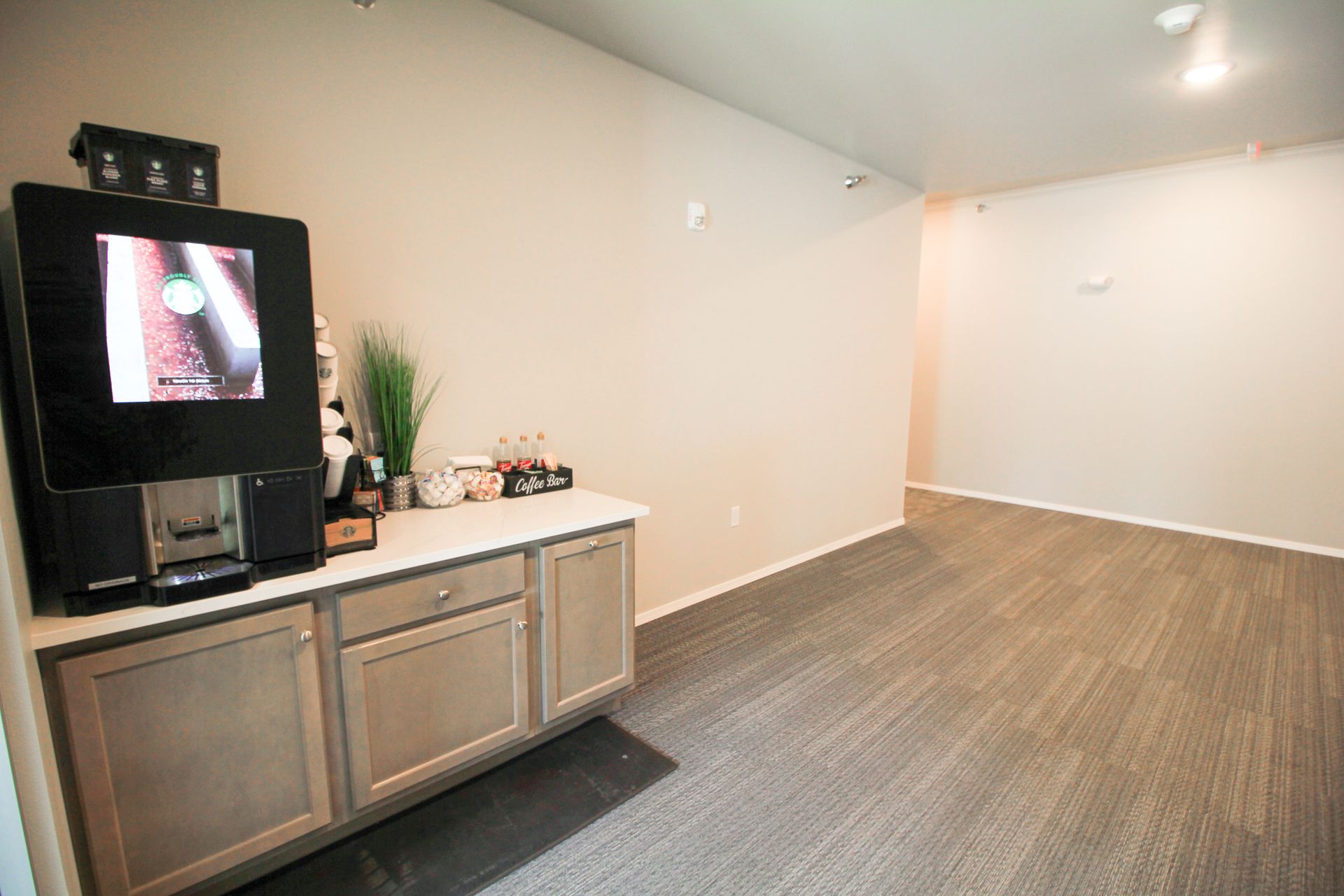 Modern living room with beige walls, gray carpet, and a black TV on a cabinet with a countertop and plants
