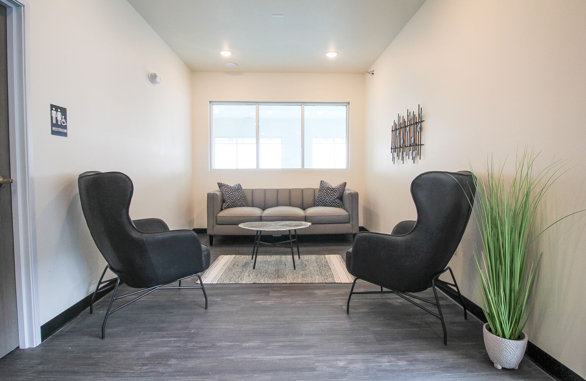 Modern living room with two black chairs, gray sofa, wall decor, and a tall green plant.