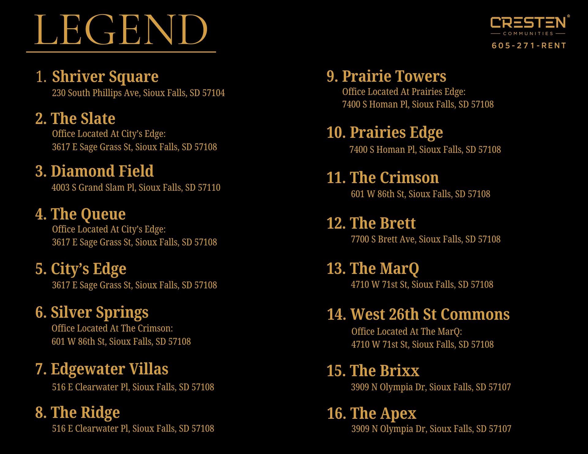 Cresten Communities Parade of Apartment Legend