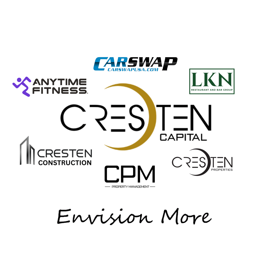Collage of company logos including Cresten Capital, Anytime Fitness, Carswap, LKN, CPM, and “Envision More” slogan